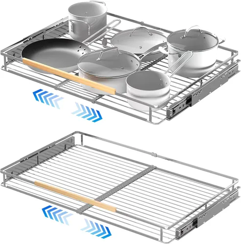 Organizador de gabinete extraíble, estantes enrollables de metal de acero resistente para armarios de cocina, estantes extraíbles ajustables para