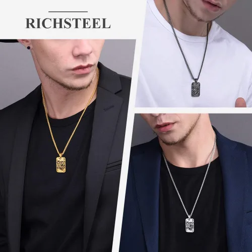 Miniatura 4 de Richsteel - Placa de identificación estilo Hip Hop militar para collar, fibra de carbón, colgante de bibliabala, para mujeres y hombres joya