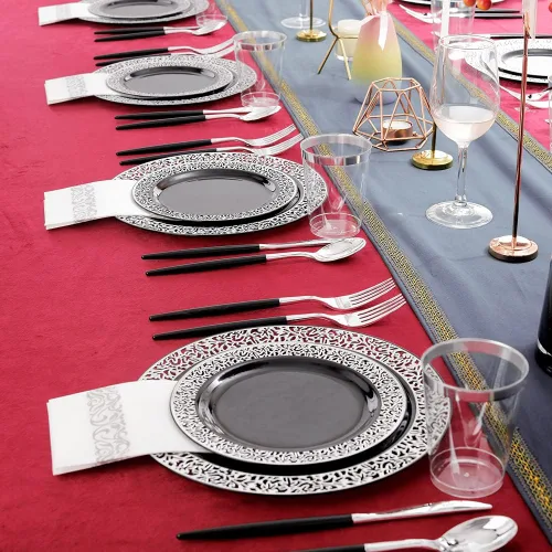Miniatura 8 de LIYH 350 platos de plástico negro y plateado, juego de vajilla de plástico plateado, cubiertos desechables, platos negros con servilletas, 350