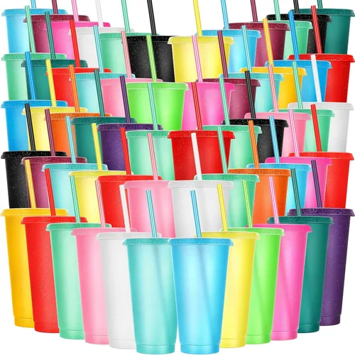 Honeydak Paquete de 60 vasos con popote y tapa, vasos a granel para regalos, tazas de café de plástico con purpurina de 24 a 27 onzas, botella de