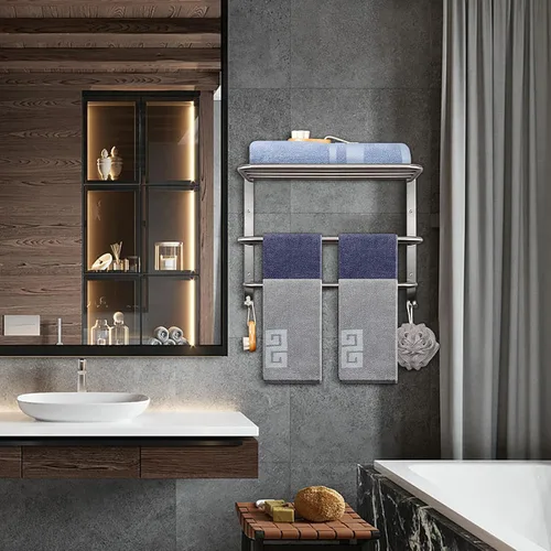 Miniatura 8 de NearMoon Toallero de baño, toallero de 3 niveles con ganchos, colgador de toallas de acero inoxidable SUS304, almacenamiento de toallas montado