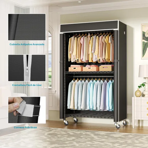 Miniatura 3 de FUTASSI Perchero para ropa con cubierta, armarios rodantes P1C con ruedas, perchero de metal para colgar ropa, armario de almacenamiento de ropa