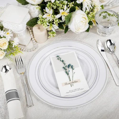 Miniatura 3 de WELLIFE 350 platos de plástico plateado para 50 invitados, juego de vajilla desechable, suministros de fiesta de Navidad incluye 100 platos