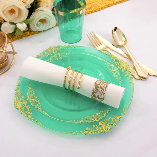 Miniatura 9 de Hioasis 350 platos de plástico verde y dorado, platos de fiesta verdes para 50 invitados, incluyen 100 platos resistentes