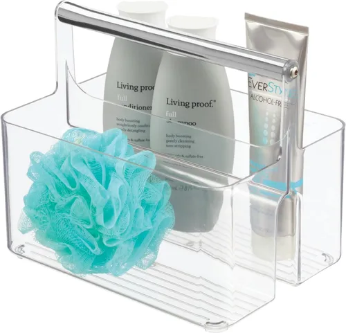 Miniatura 6 de mDesign - Organizador de almacenamiento para ducha de plástico, cesta dividida, asa de metal para baño, dormitorio, cocina, contiene jabón, champú