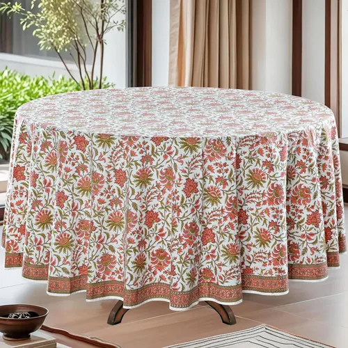 Miniatura 24 de Ridhi Mantel redondo con estampado de bloque a mano, 100% algodón, reutilizable, color rosa flamenco, de 60 pulgadas, mantel decorativo para uso