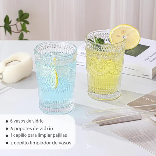 Miniatura 5 de ZMOWIPDL Juego de 6 vasos de vidrio vintage para beber, vasos de agua de vidrio con textura transparente con diseño de flores, vasos de agua a rayas