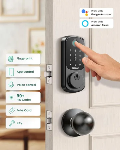 Miniatura 4 de DESLOC Cerradura inteligente de huellas dactilares B200 con 2 perillas, juego de cerradura de puerta delantera sin llave, cerrojo de seguridad
