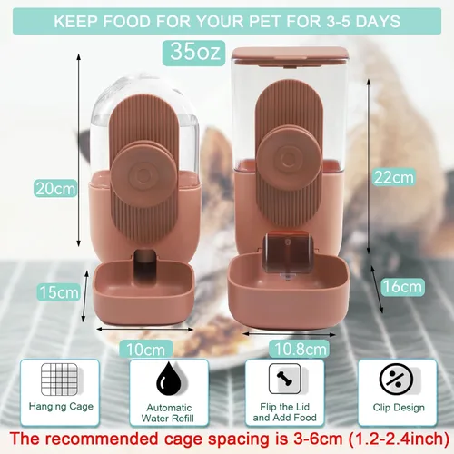 Miniatura 2 de Lemtrflo Dispensador Automático Colgante de Alimentos y Agua, Juego de Alimentador de Gravedad para Conejos, Chinchillas, Conejitos de Indias, Marrón