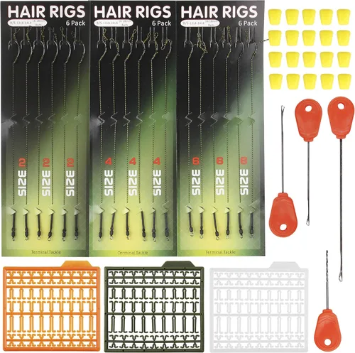 Miniatura 10 de Kit de aparejos de pesca para el pelo de la carpa – 45 piezas curvadas de púas de la carpa gancho trenzado línea cebo tapón aguja herramienta aroma