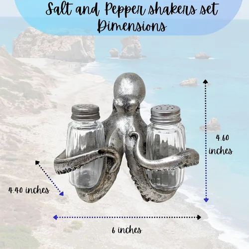Miniatura 3 de BestGiftEver Juego de salero y pimentero náutico con soporte de pulpo plateado, decoración temática de playa, para entusiastas de la decoración