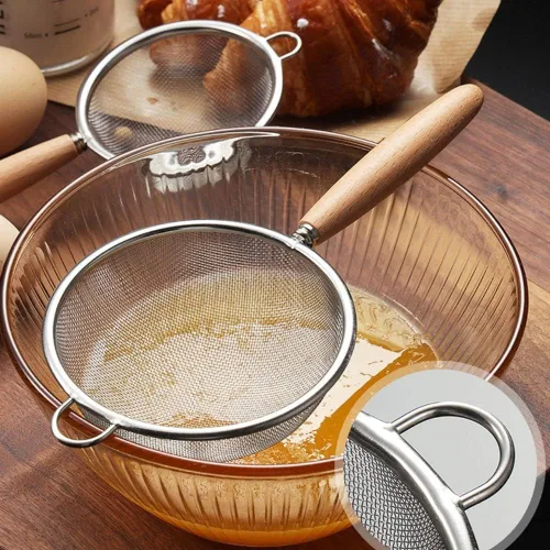 Miniatura 3 de Colador de doble malla fina de acero inoxidable con mango de madera para alimentos, arroz, pasta, harina, colador de harina, tamiz de cocina