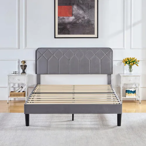 Miniatura 8 de VECELO Base de cama tamaño Queen con plataforma tapizada de cuero de alta calidad con cabecera ajustable en altura / base de colchón, soporte