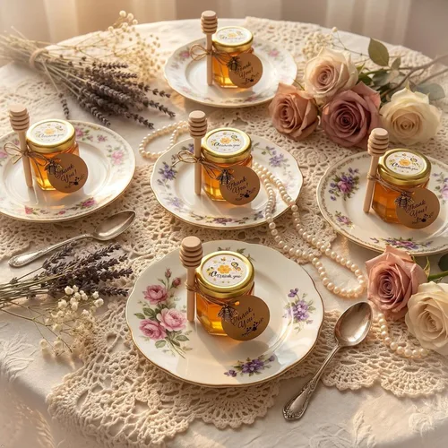 Miniatura 4 de IIKUM Paquete de 20 tarros de miel de vidrio, tarros hexagonales de miel de 1.5 onzas con tapas, cucharitas de miel de madera, colgantes de abeja