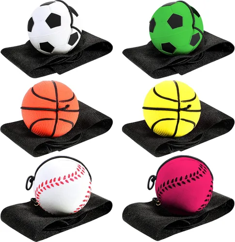 Skylety 6 Pcs Wrist Ball Return Ball on a String with Strap Wristband Sports Rubber Toy Includes Basketball, Baseball and Football for Boys Girls