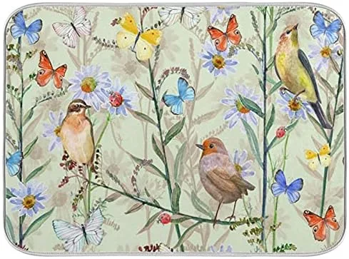 Tapete de secado de platos de flores y pájaros para decoración de encimera de cocina, 18 x 24 pulgadas, drenaje de platos de mariposa colorida con