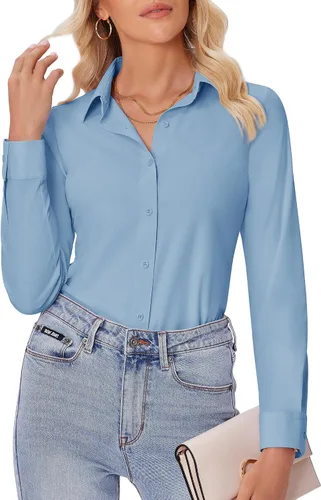Miniatura 25 de siliteelon Camisas con botones para mujer, ajustadas, de manga larga, elásticas, de vestir, camisas de trabajo, sin arrugas, blusas de oficina