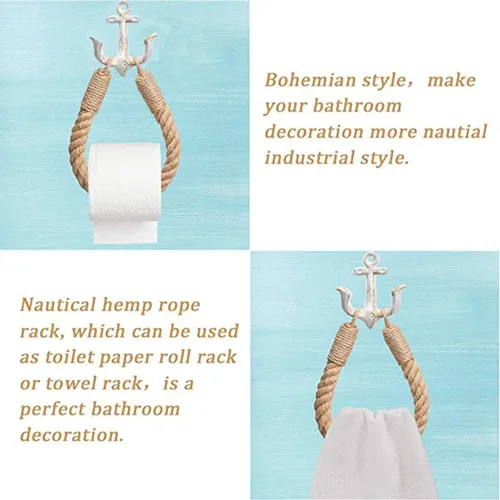 Miniatura 4 de Soporte de papel higiénico de anclaje náutico, anillo de toalla de pared industrial rústico con gancho de metal para decoración de baño (blanco)