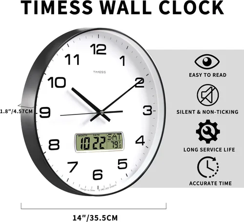 Miniatura 5 de TIMESS Reloj de Pared, Esfera Grande de 14" Sin Tic-Tac Silencioso Operado por Batería Analógico con Pantalla LCD para Calendario Perpetuo y Negro