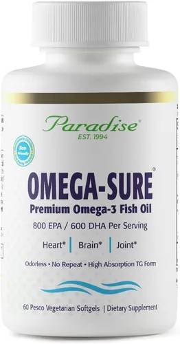 Paradise Herbs Omega-Sure, concentrado de omega-3, aceite de pescado premium, DHA, EPA, vegano, sin OMG, sin gluten, 60 cápsulas blandas vegetarianas