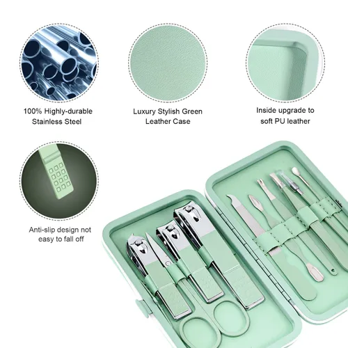 Miniatura 5 de Juego de manicura, mini cortaúñas de viaje, kit de herramientas de cuidado de pedicura, 10 piezas de acero inoxidable kit de aseo (verde)