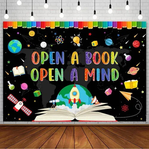 Miniatura 12 de AIBIIN Telón de fondo para fotografía del Día Mundial del Libro de 7 x 5 pies para fotografía Abrir un libro Abrir una mente Niños Estudiantes Aula