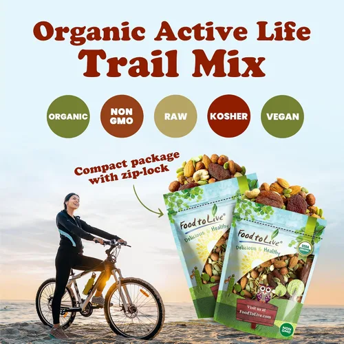 Miniatura 4 de Organic Active Life Trail Mix, 4 onzas, mezcla de aperitivos crudos y sin OMG que contiene anacardos, semillas de calabaza, albaricoques, avellanas