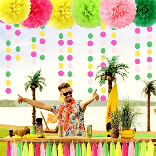 Miniatura 5 de Decoraciones para fiesta en la piscina de Hawái - Serpentinas - 35 pompones de pañuelo, suministros de cumpleaños tropicales, guirnalda de borlas