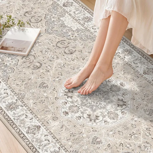 Miniatura 9 de Alfombra lavable para pasillo, de cocina, para entrada, alfombra suave vintage, antideslizante para interiores, para baño, sala de estar y Beige