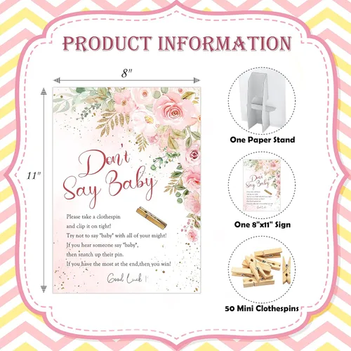 Miniatura 2 de Juego de pinzas para ropa de bebé, juego floral bohemio para baby shower, un letrero de 8 x 11 pulgadas y 50 mini pinzas naturales para la ropa