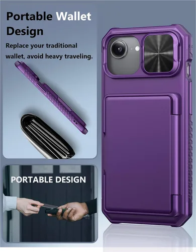 Miniatura 6 de ATATOO Funda para iPhone 16e, tarjetero integrado (almacena 3-5 tarjetas) y cubierta de cámara deslizante y bloqueo RFID, protección de grado