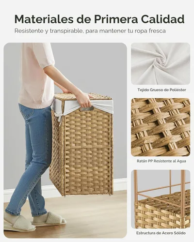 Miniatura 8 de SONGMICS Cesta de lavandería con tapa, 37 galones (140 L), canasta rodante para ropa con ruedas, 3 secciones de ratán sintético, forro extraíble