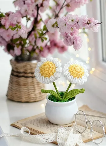 Miniatura 7 de Juego de 3 macetas de ganchillo con margarita rosa y Forget Me Not Small Potted Flowers Crochet Regalo para mamá, esposa, Día de la Madre