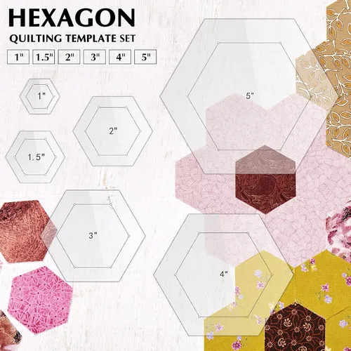 Miniatura 5 de Weewooday 6 plantillas hexagonales de acolchado de 1 pulgada, 1.5 pulgadas, 2 pulgadas, 3 pulgadas, 4 pulgadas, 5 pulgadas con margen de costura