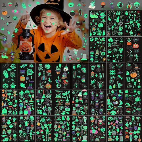 Sinmoe - 400 piezas de 30 hojas de tatuajes que brillan en la oscuridad para niños, estilos mixtos, calcomanías luminosas temporales para niños y