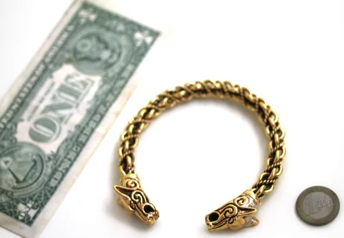 Miniatura 5 de Brazalete de bronce vikingo nórdico con cabeza de lobo trenzada, diseño de cabeza de lobo