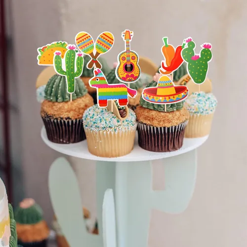 Miniatura 5 de 32 piezas de decoración para cupcakes de fiesta mexicana montados con cactus, burro, maraca, sombrero, guitarra, magdalenas, temática de fiesta