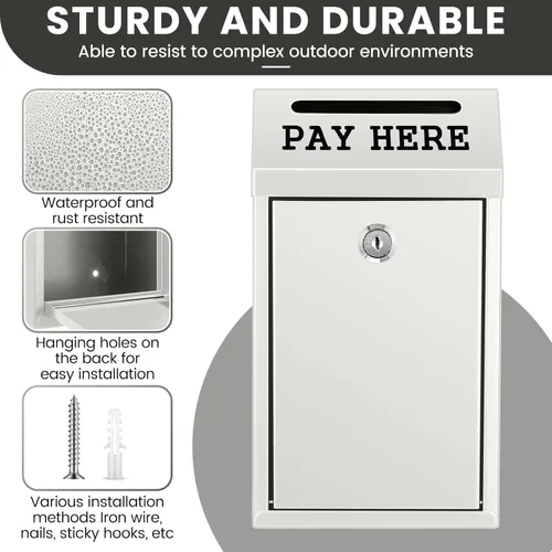 Miniatura 3 de Yaocom Caja de dinero segura para recolección de dinero, caja de donación de metal con cerradura para montaje en pared preperforado, buzón de Blanco