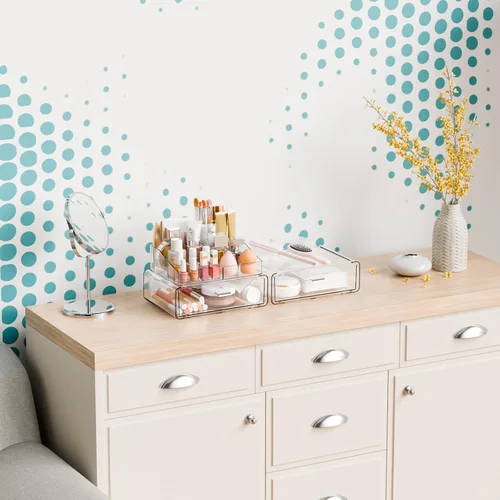 Miniatura 8 de Yieach Organizadores de maquillaje de 3 niveles en acrílico transparente con 2 cajones, soporte de maquillaje tiered de escritorio y organizadores