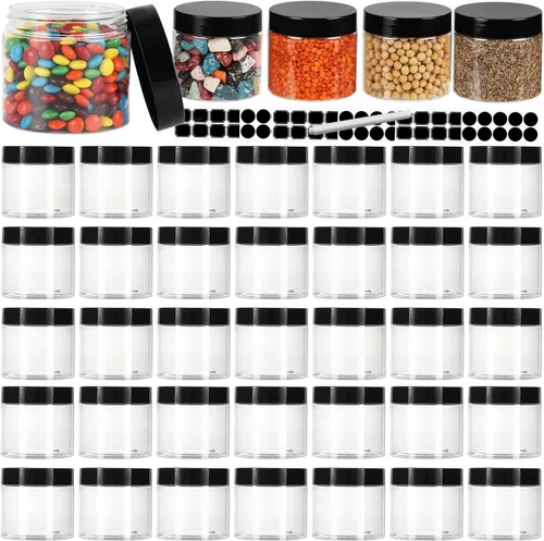 Miniatura 8 de Paquete de 48 tarros de plástico transparente de 4 onzas con boca ancha y tapas negras sin BPA, tarro de almacenamiento recargable multiusos vacío
