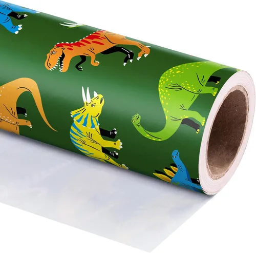 Miniatura 3 de WRAPAHOLIC - Rollo de papel de regalo de dinosaurio - Rollo mini - 17 pulgadas x 33 pies - Papel de regalo de dinosaurio verde, perfecto
