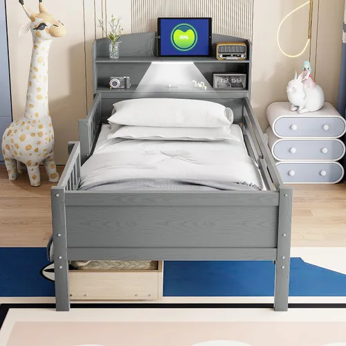 Miniatura 3 de P PURLOVE Cama de plataforma de tamaño individual con cabecera de almacenamiento, marco de cama de madera con luz LED integrada, cama de plataforma
