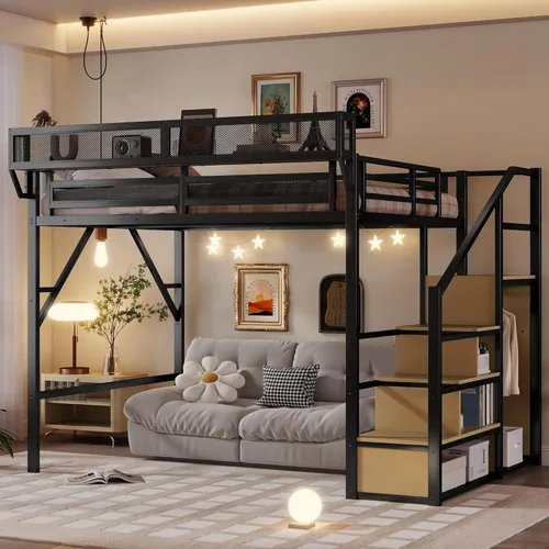 Miniatura 19 de Base de cama Queen Loft con escaleras y almacenamiento, marco de cama de metal resistente, capacidad de 800 libras, para adultos y adolescentes