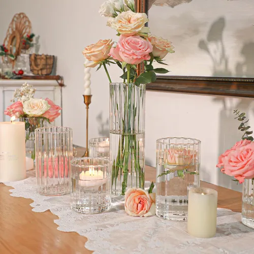 Miniatura 2 de ComSaf Jarrones de vidrio cilíndricos, paquete de 12, jarrones claros acanalados para centros de mesa y decoración de boda, jarrones de flores