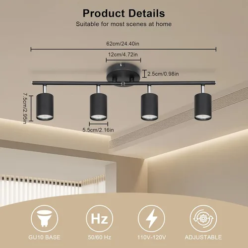 Miniatura 7 de Ketom Luminarias de Riel de Techo de 4 Luces, Foco LED de Techo Negro GU10, Kit de Luz de Riel Moderno para Cocina Pasillo Sala de Estar