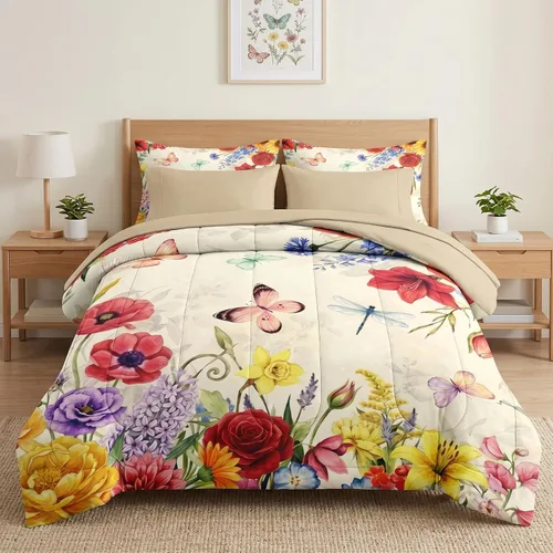 Nesker Juego de edredón de primavera de 5 piezas, tamaño individual, juego de ropa de cama floral con mariposas para niños y adultos, juego de