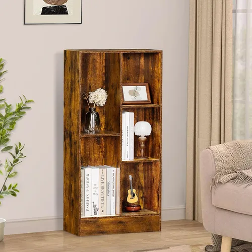 Miniatura 7 de LEYAOYAO Estantería moderna de 5 cubos de madera marrón de mediados de siglo, estante organizador de almacenamiento de 3 niveles, gabinete