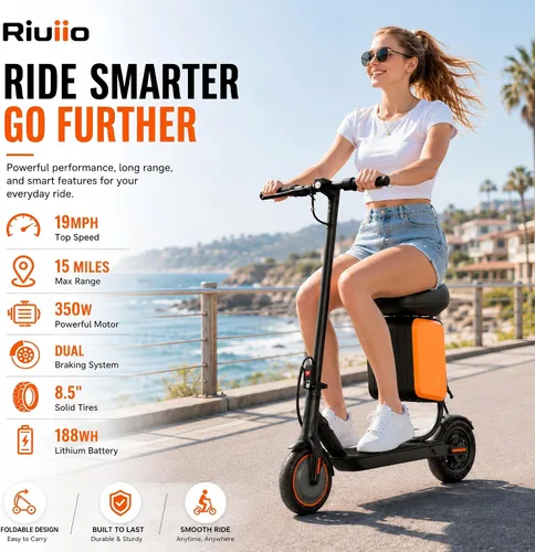 Miniatura 9 de Patinete eléctrico, motor de 350 W-500 W, 9 MPH a 22 MPH, rango de 10-41 millas, suspensión doble, freno dual, control de aplicación, scooter Naranja