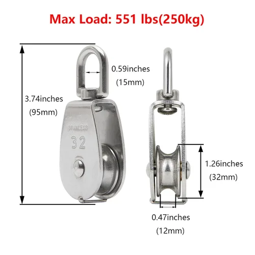 Miniatura 4 de 2 piezas de bloque de polea individual M32 de acero inoxidable 304, rueda de remolque de alambre para colgar, con 2 piezas de gancho de resorte