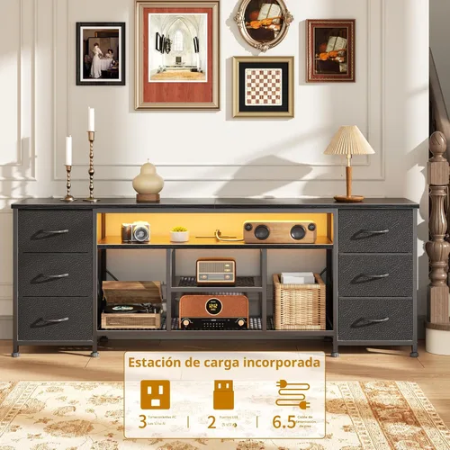 Miniatura 5 de Furologee Soporte de TV LED para TV de 65, 70 pulgadas, centro de entretenimiento de 63 pulgadas con tomas de corriente, cómoda de 6 cajones de tela